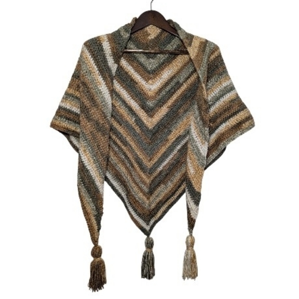 Crocheted Chevron Earthtone Shawl Shoulder Wrap Tassels Green Brown Tan
